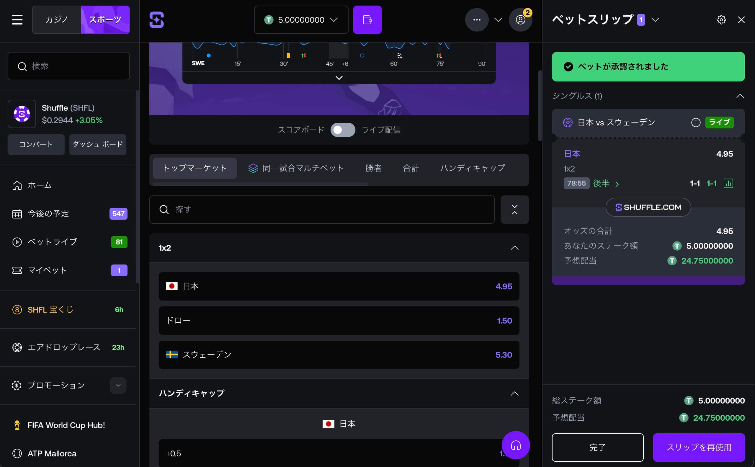 ワールドカップ、日本対スウェーデン戦の賭け
